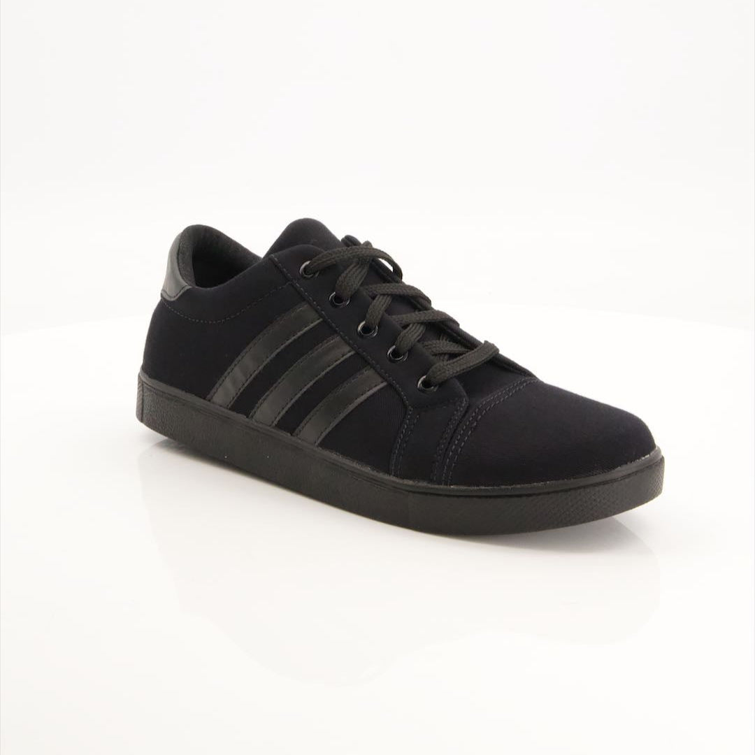 Black sneaker with three stripes on a white background